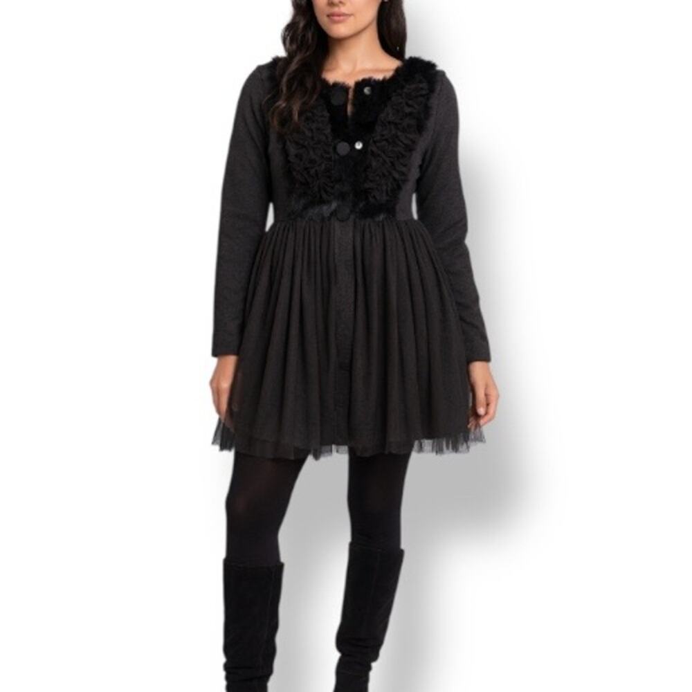 Ryu Charcoal Rabbit Fur Rosette‎ Sheer Tulle Skirt Coat Dress Small Fairygrunge